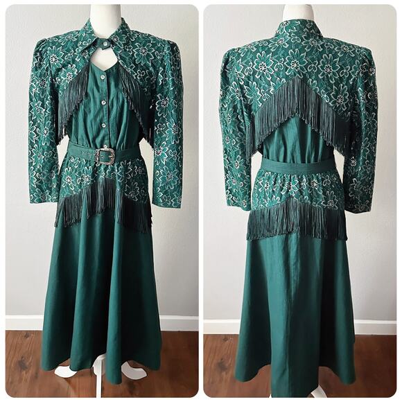 Vintage Lilia Smitty Forest Green Western Midi Dress size 11/12 modern size 8 - Picture 1 of 16